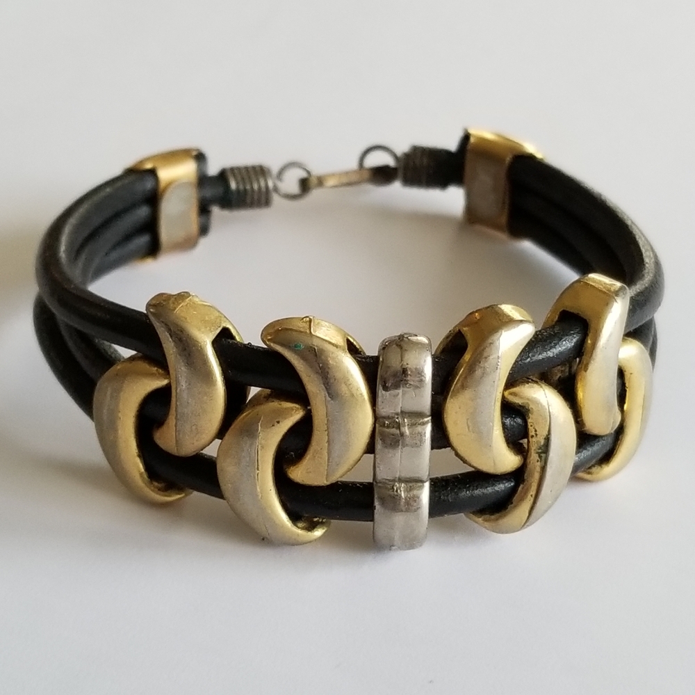Vintage bracelet crescent moons boho style black cords charms gold silve…